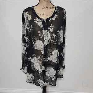 Roz & Ali sheer‎ metallic thread black white and gold tunic plus size 2X